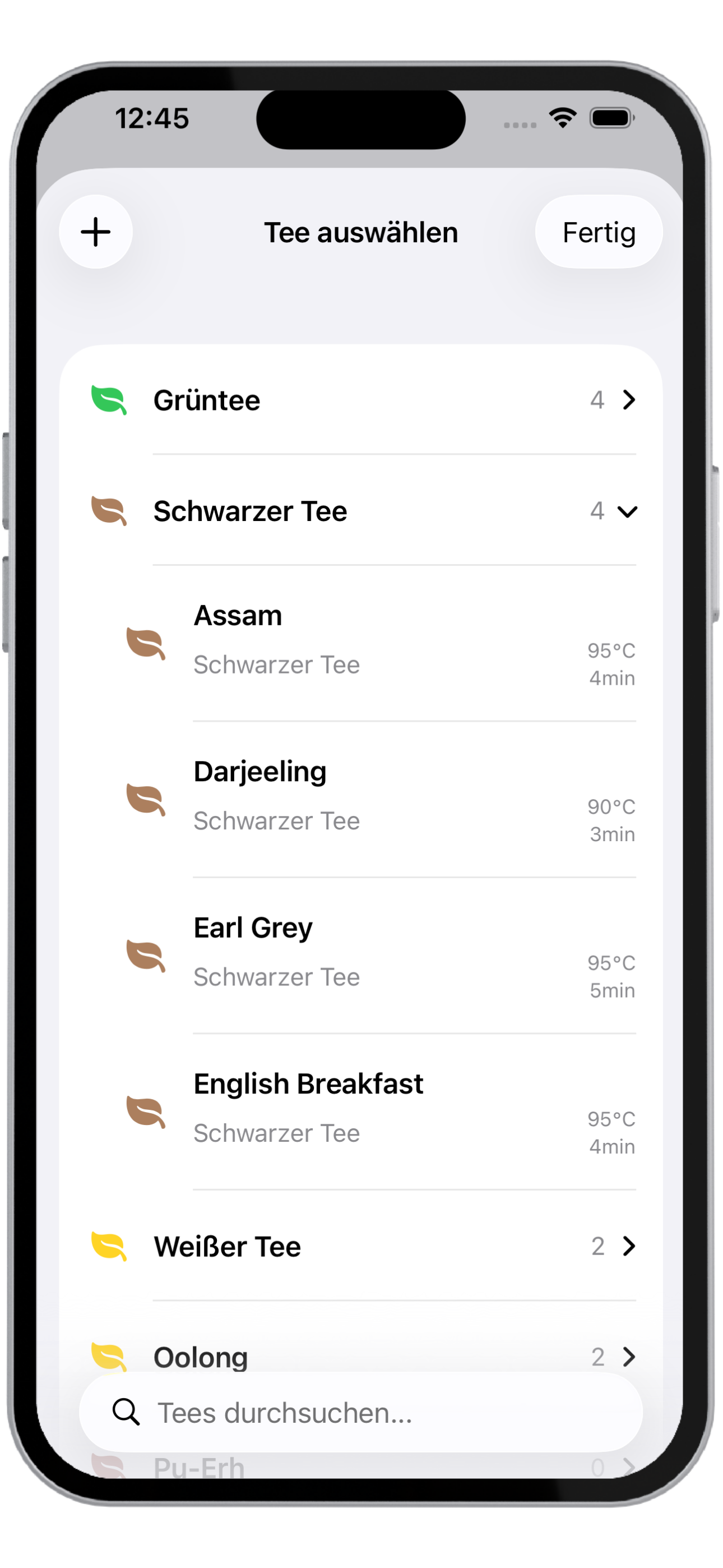 TeaLeaf Timer – Teeauswahl